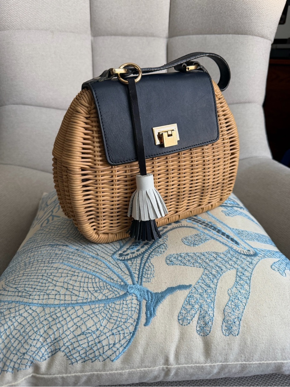 Woven Rattan Crossbody Bag with Blue Leather like Flap